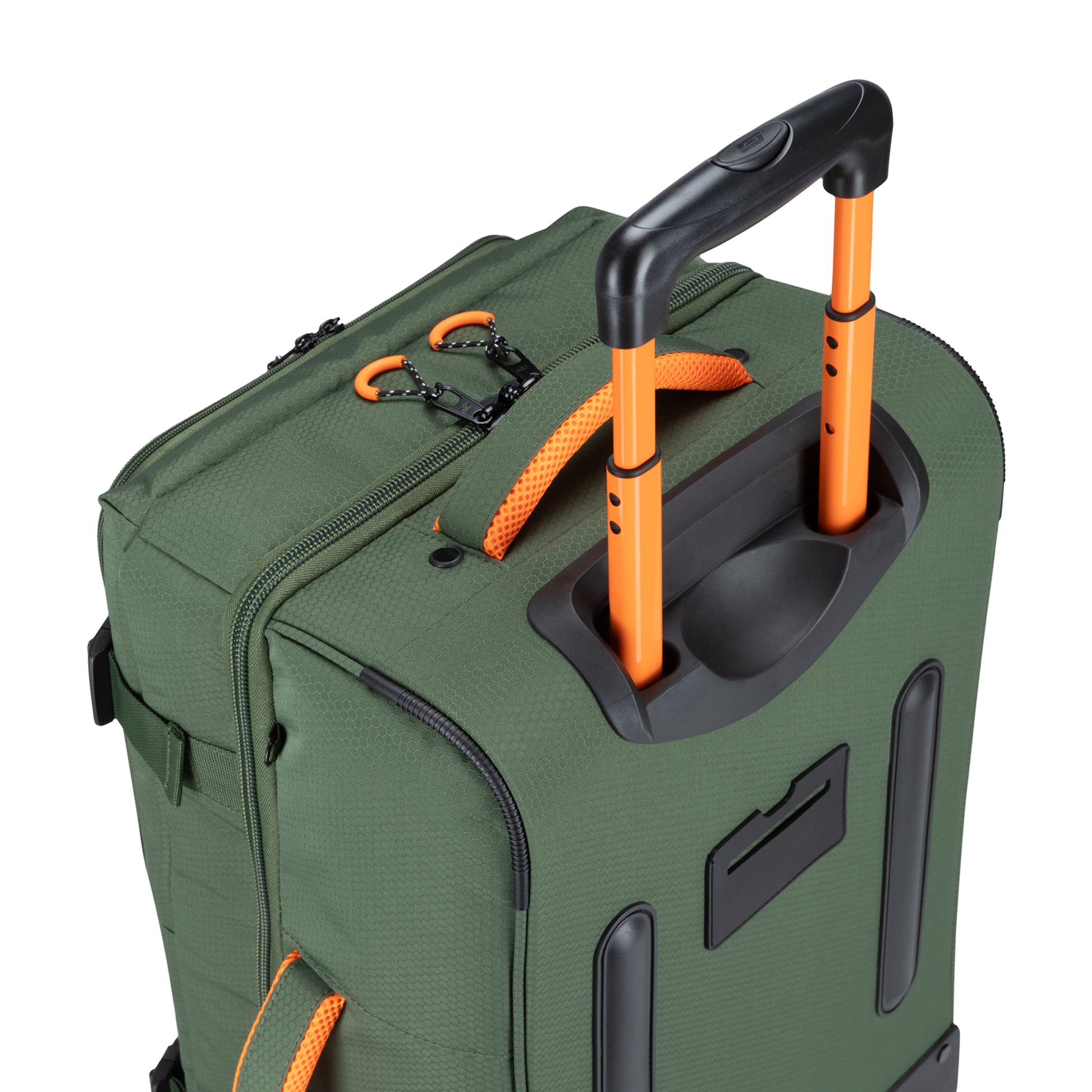 The Graphite Metamorph 21" Carry-on Wheeled Duffle, available exclusively online, is a lightweight carry-on suitcase in green with an orange handle and zippers. It features a retractable handle and multiple compartments, making it perfect for outdoor adventures.