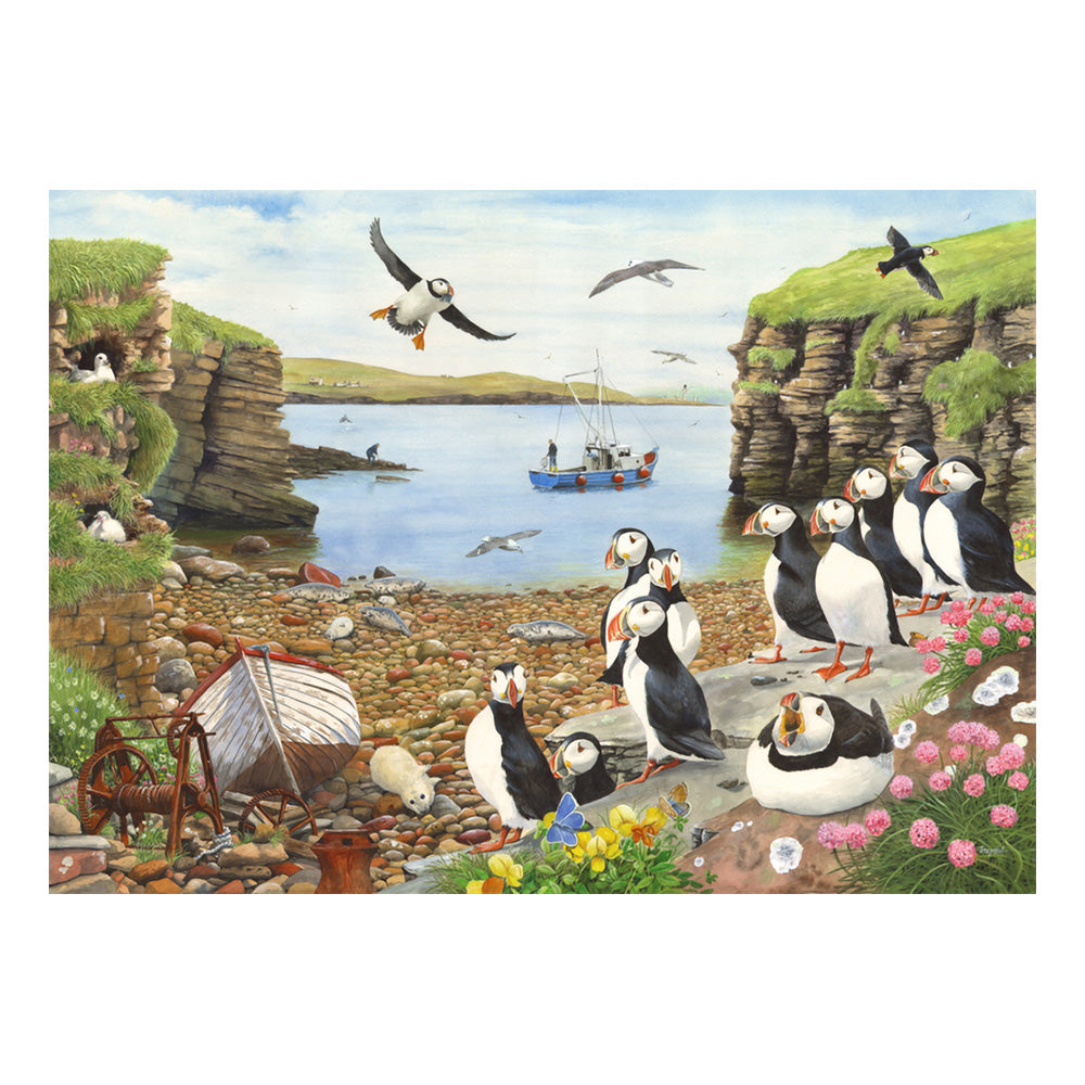 Puffins on a rocky shore with a fishing boat, featured in a House of Puzzles BIG 500 Piece Jigsaw Puzzle Puffin Parade.