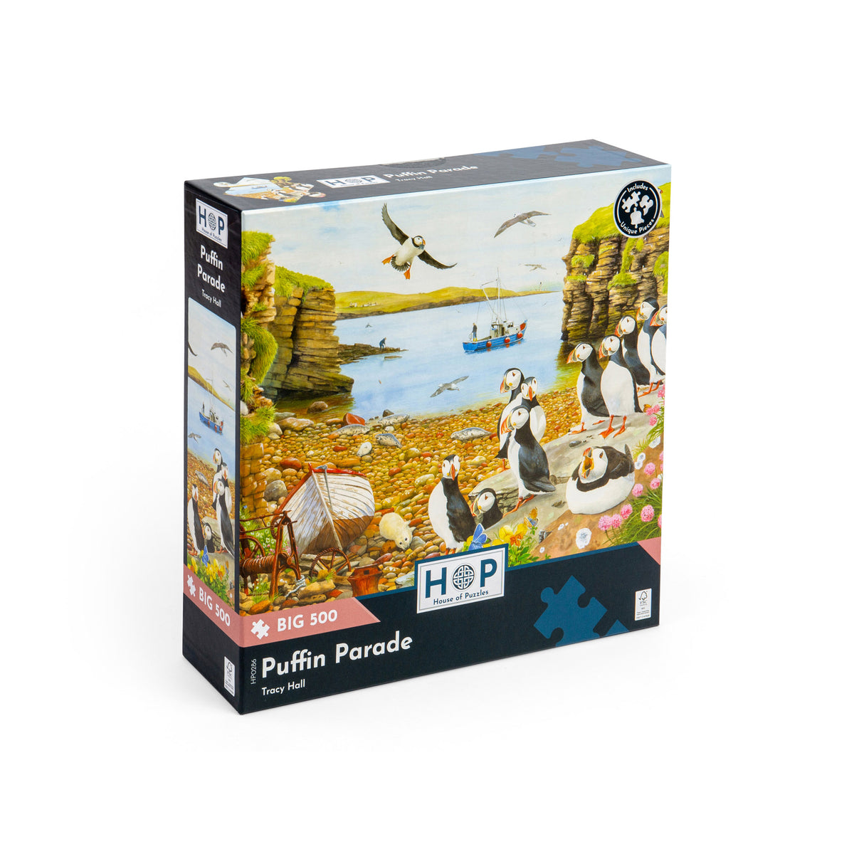 Box for the House of Puzzles BIG 500 Piece Jigsaw Puzzle - Puffin Parade - ONLINE ONLY featuring a coastal scene.
