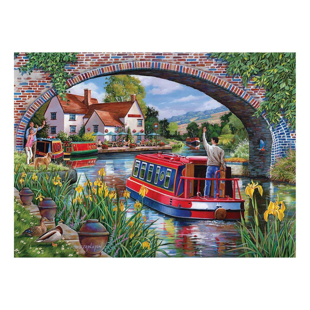 A red canal boat steers toward a brick bridge in this House of Puzzles BIG 500 Piece Jigsaw Puzzle - Over & Under.