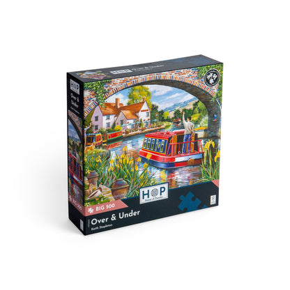 House of Puzzles BIG 500 Piece Jigsaw Puzzle - Over & Under showing a red narrowboat passing under a brick bridge.