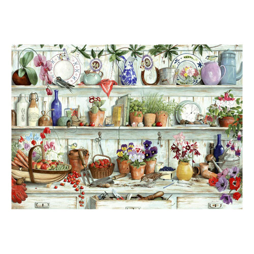 Rustic wooden shelves with potted flowers, produce, and tools in a House of Puzzles BIG 500 Piece Jigsaw Puzzle.