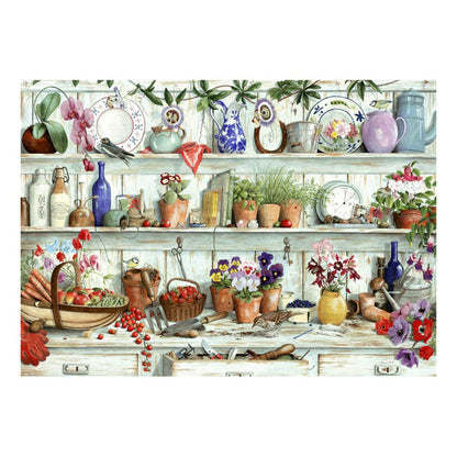 Rustic wooden shelves with potted flowers, produce, and tools in a House of Puzzles BIG 500 Piece Jigsaw Puzzle.