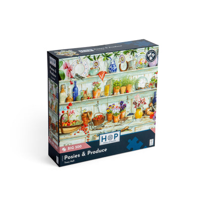 Box for House of Puzzles BIG 500 Piece Jigsaw Puzzle - Posies & Produce featuring shelves of flowers and produce.