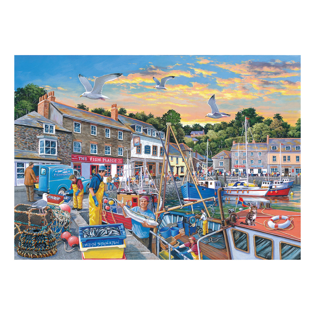 Fishermen unload a fresh catch at sunset in the House of Puzzles BIG 500 Piece Jigsaw Puzzle - Catch of the Day.