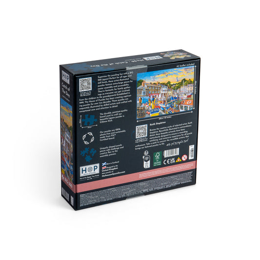 Product Image – Back of a House of Puzzles BIG 500 Piece Jigsaw Puzzle - Catch of the Day - ONLINE ONLY showing a harbor scene.