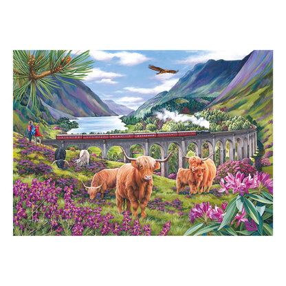 Highland cattle graze in a purple meadow beneath a steam train on the Glennfinnan viaduct, featured on this puzzle.