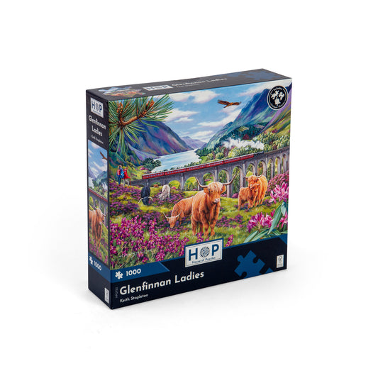 Product Image – House of Puzzles 1000 Piece Jigsaw Puzzle - Glennfinnan Ladies showing a Highland cow and train on Glenfinnan viaduct.