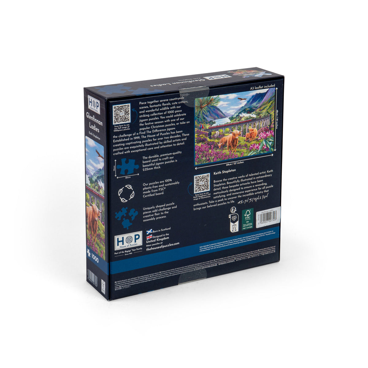 Back of the House of Puzzles 1000 Piece Jigsaw Puzzle - Glennfinnan Ladies box showing a highland steam train landscape.