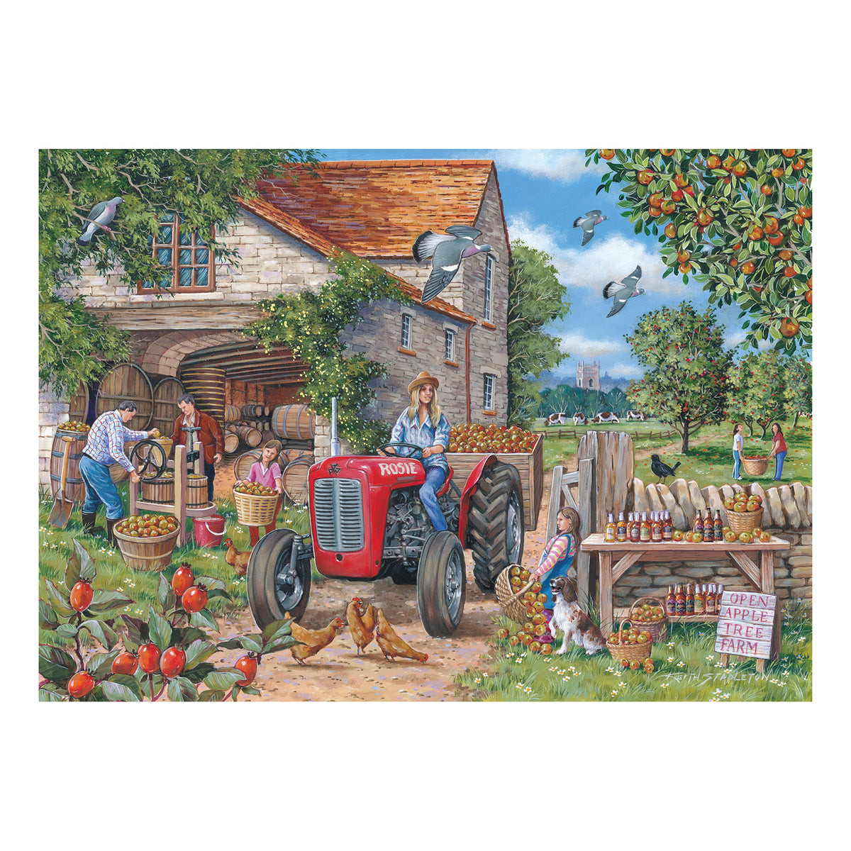 House of Puzzles 150 Piece Mini Jigsaw Puzzle Tube - Cider & Rosie showing a woman on a red tractor at an apple farm.