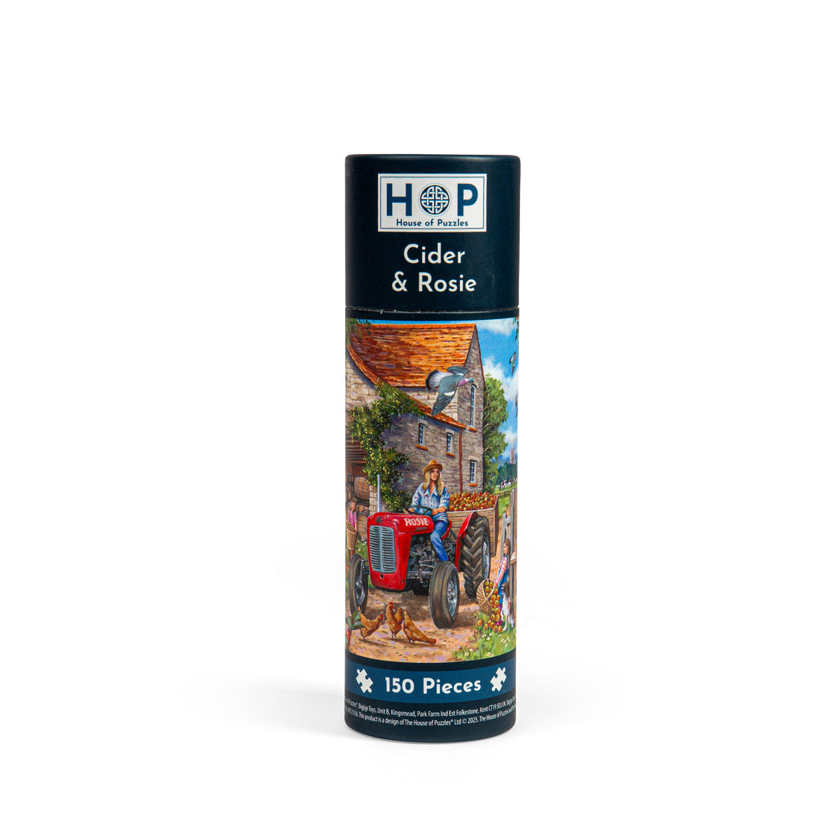 House of Puzzles 150 Piece Mini Jigsaw Puzzle Tube - Cider & Rosie: a woman on a red tractor by a stone building.