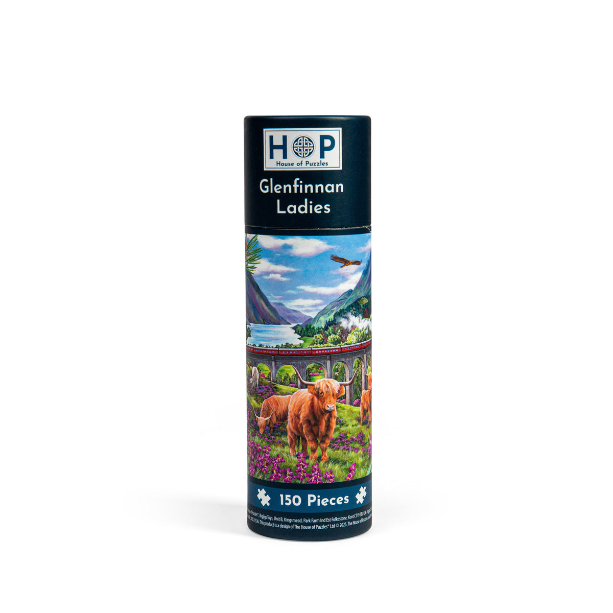 House of Puzzles 150 Piece Mini Jigsaw Puzzle Tube - Glenfinnan Ladies featuring Highland cattle and a train viaduct.
