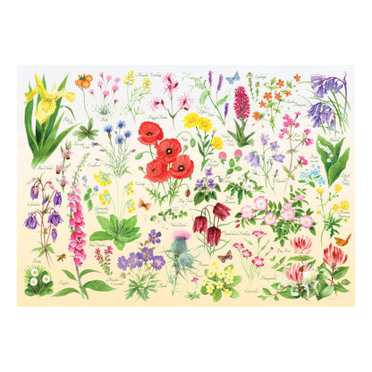 Illustrated wildflowers and insects with species labels on a House of Puzzles 150 Piece Mini Jigsaw Puzzle Tube.