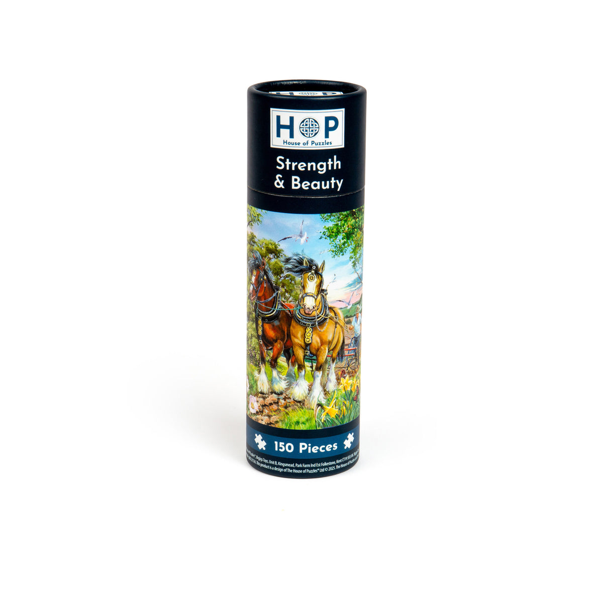A House of Puzzles 150 Piece Mini Jigsaw Puzzle Tube - Strength & Beauty, featuring two draft horses.