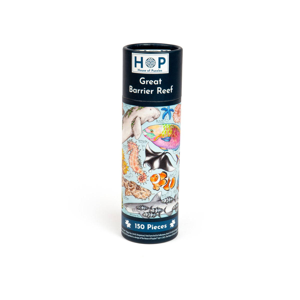 House of Puzzles 150 Piece Mini Jigsaw Puzzle Tube - Great Barrier Reef featuring illustrations of marine life.