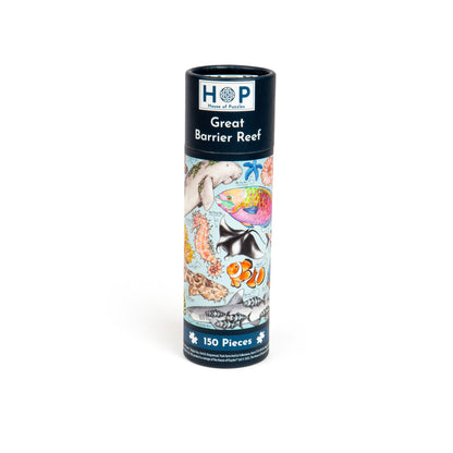 House of Puzzles 150 Piece Mini Jigsaw Puzzle Tube - Great Barrier Reef featuring illustrations of marine life.