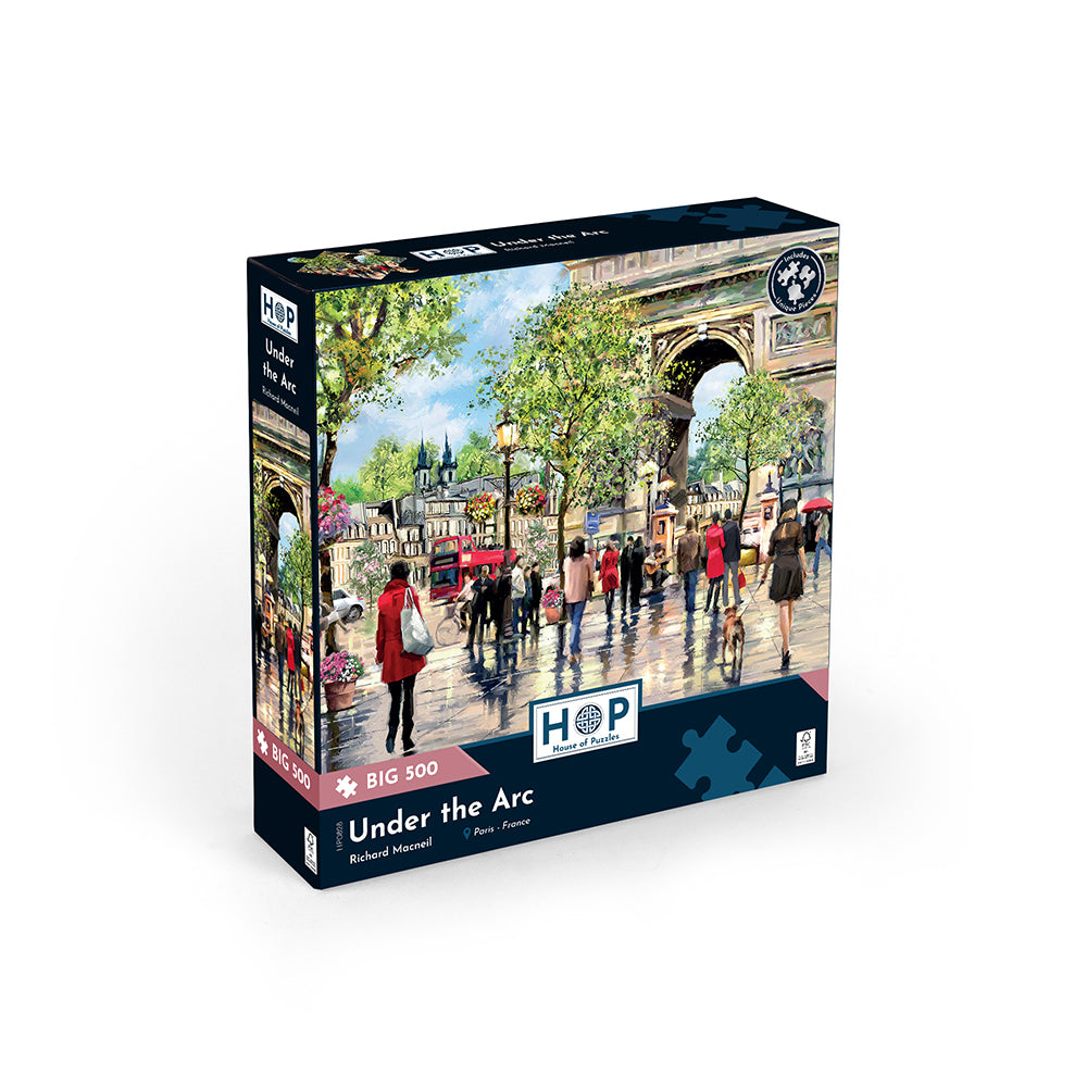House of Puzzles BIG 500 Piece Jigsaw Puzzle - Under the Arc box showing people on a rainy Parisian street.