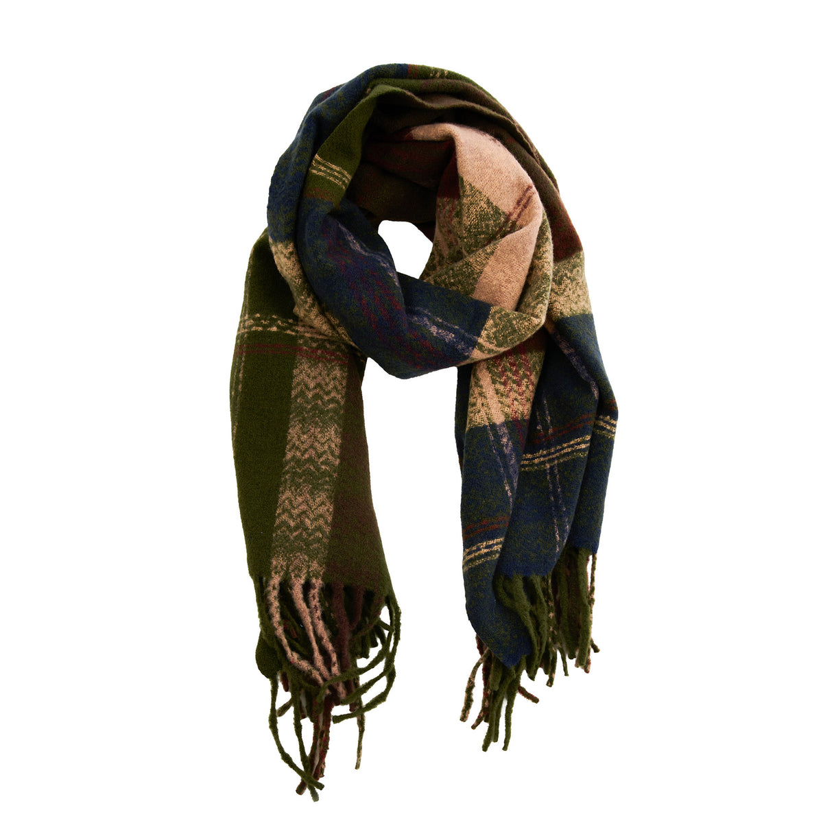 Howard’s Green Plaid Fringe Scarf in buttery soft green, blue, and tan tartan with fringe ends.