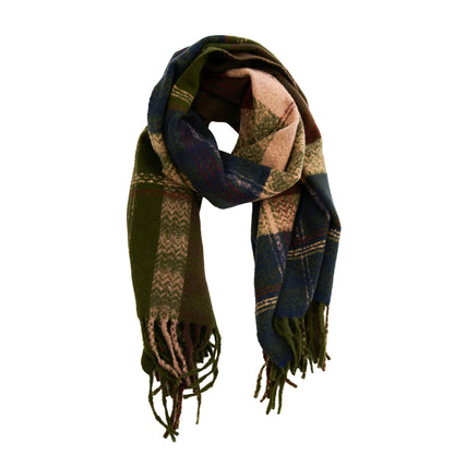 Howard’s Green Plaid Fringe Scarf in buttery soft green, blue, and tan tartan with fringe ends.