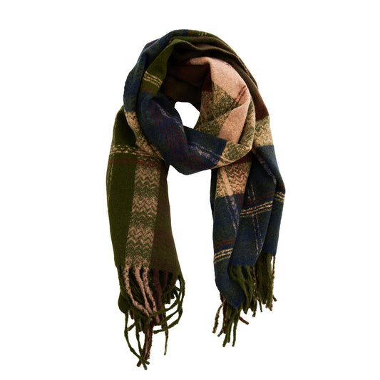 Product Image – Howard’s Green Plaid Fringe Scarf in buttery soft green, blue, and tan tartan with fringe ends.