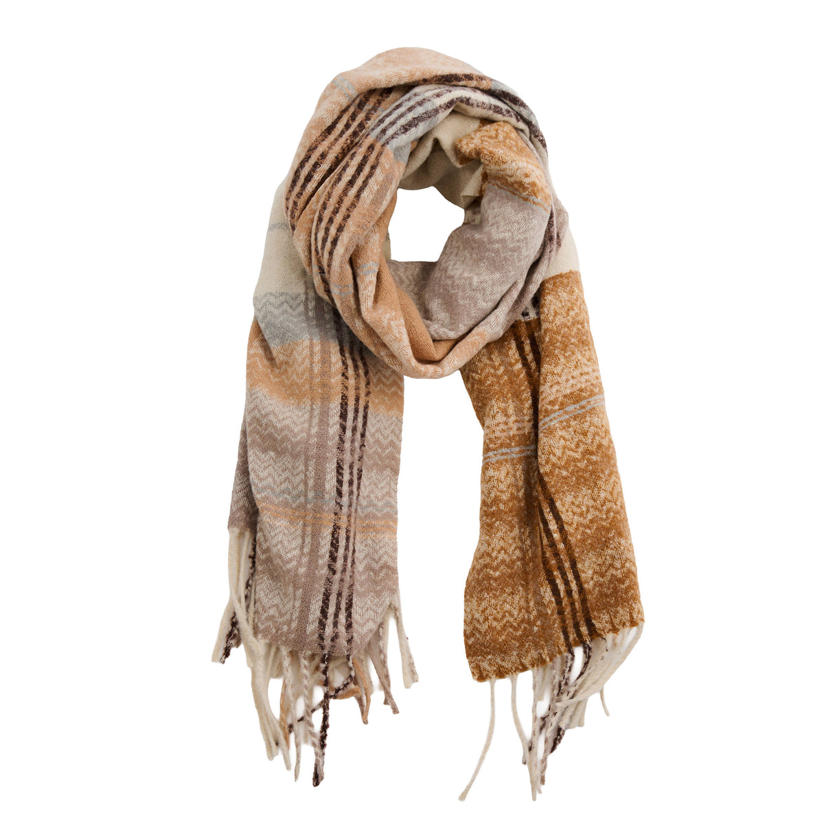 Howard’s Taupe Plaid Fringe Scarf in buttery soft taupe and brown tartan plaid with fringe ends.