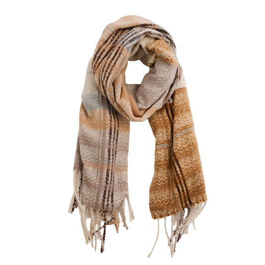 Product Image – Howard’s Taupe Plaid Fringe Scarf in buttery soft taupe and brown tartan plaid with fringe ends.