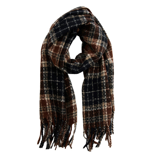 Product Image – Howard’s Chocolate Plaid Fringe Scarf in buttery soft chocolate brown, black, and cream tartan with fringe ends.