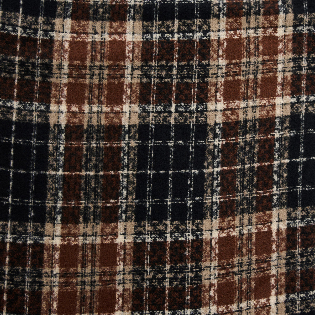 Howard’s Chocolate Plaid Fringe Scarf in a buttery soft, chocolate brown, black, and beige tartan plaid pattern.