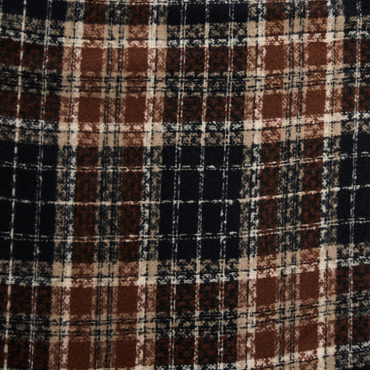 Howard’s Chocolate Plaid Fringe Scarf in a buttery soft, chocolate brown, black, and beige tartan plaid pattern.