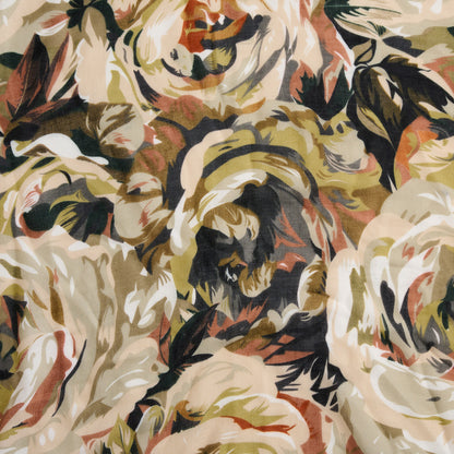Howard’s Celina Rose Print Lightweight Scarf in cream, olive green, brown, and black with large floral patterns.