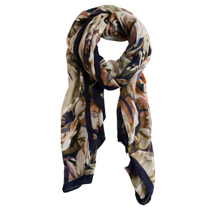 Howard’s Celina Rose Print Lightweight Scarf in a tan, rust, and navy blue floral print with a solid navy border.