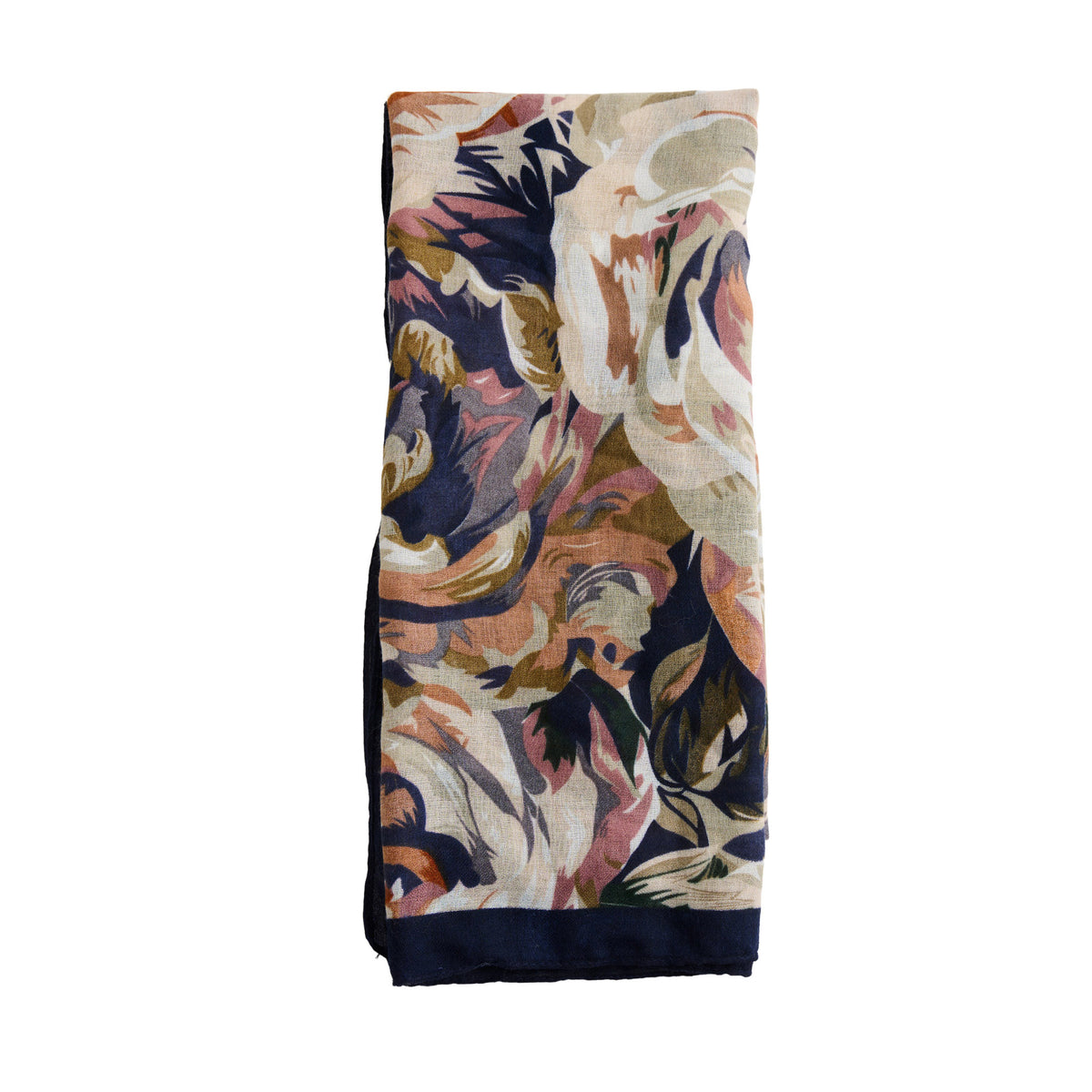 Folded Howard’s Celina Rose Print Lightweight Scarf with a multicolored abstract print and a solid navy border.