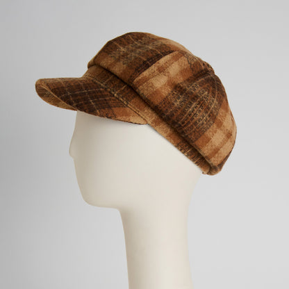 Howard’s Tartan Plaid Newsboy Hat in brown tartan plaid on a mannequin head, a vintage-inspired accessory.