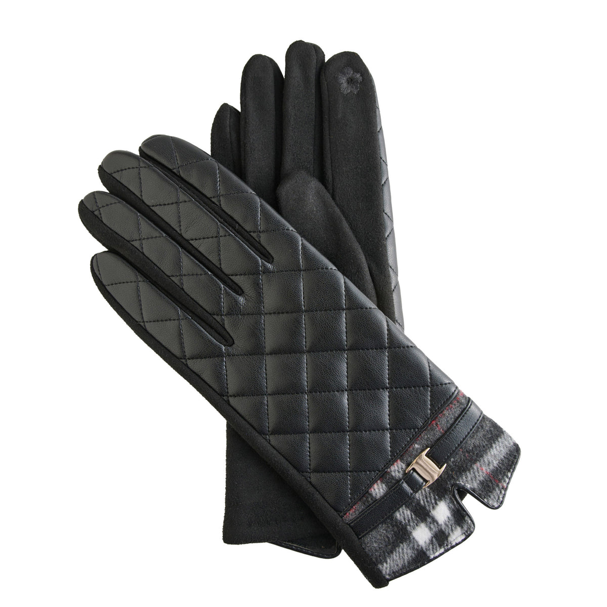 Howard’s Vivi Quilted Vegan Leather Gloves in black with plaid cuffs and a decorative buckle detail.