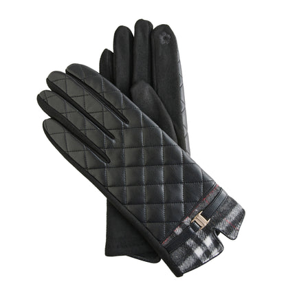 Howard’s Vivi Quilted Vegan Leather Gloves in black with plaid cuffs and a decorative buckle detail.