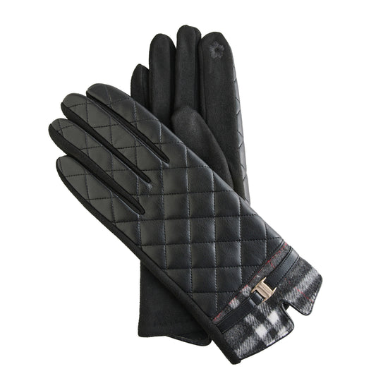 Product Image – Howard’s Vivi Quilted Vegan Leather Gloves in black with plaid cuffs and a decorative buckle detail.