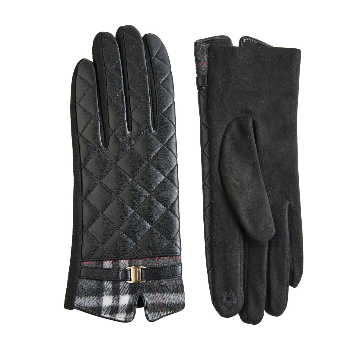 Howard’s Vivi Quilted Vegan Leather Gloves shown from the back and palm sides with plaid cuffs and gold-tone buckles.
