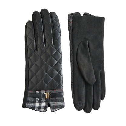Howard’s Vivi Quilted Vegan Leather Gloves shown from the back and palm sides with plaid cuffs and gold-tone buckles.