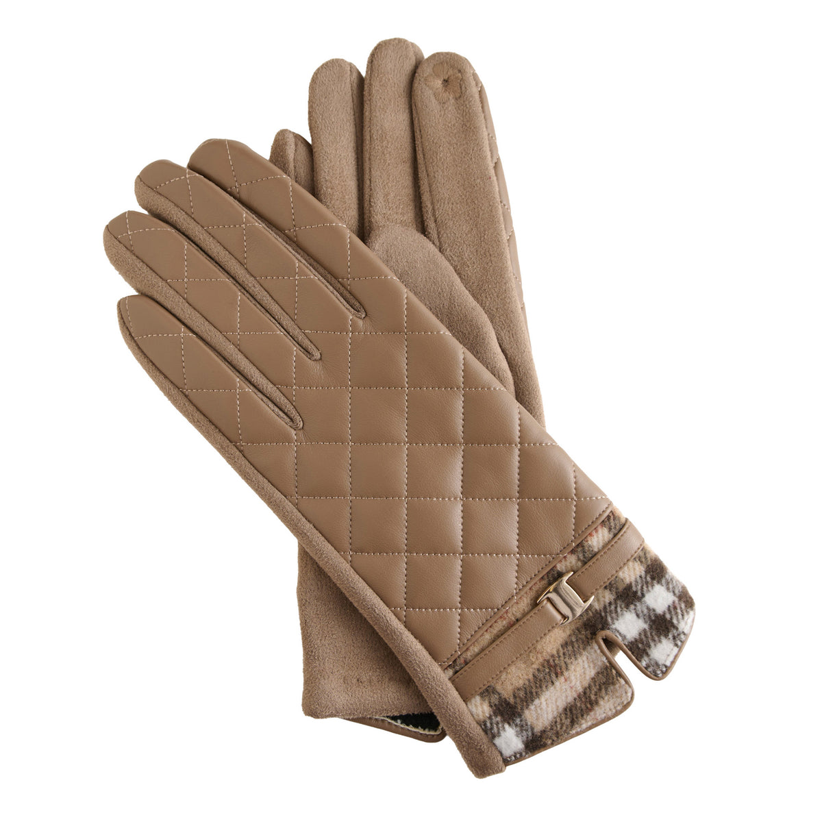 Howard’s Vivi Quilted Vegan Leather Gloves in tan with a plaid cuff detail and a small gold-tone buckle.