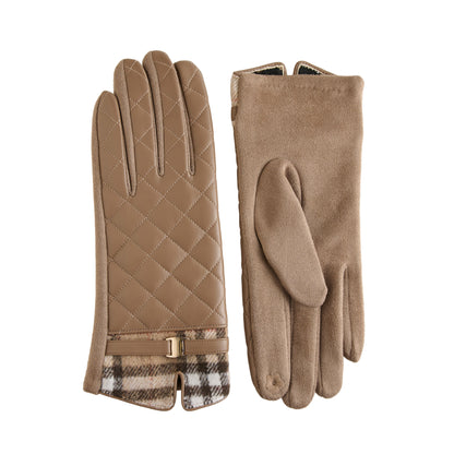 Howard’s Vivi Quilted Vegan Leather Gloves in tan with quilted palms, plaid trim, and buckled cuffs.