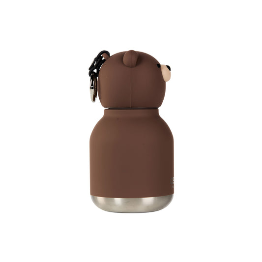 Product Image – Asobu Mini Bestie Bottle: a brown bear-shaped mini water bottle with a metal base and a clip on the back.
