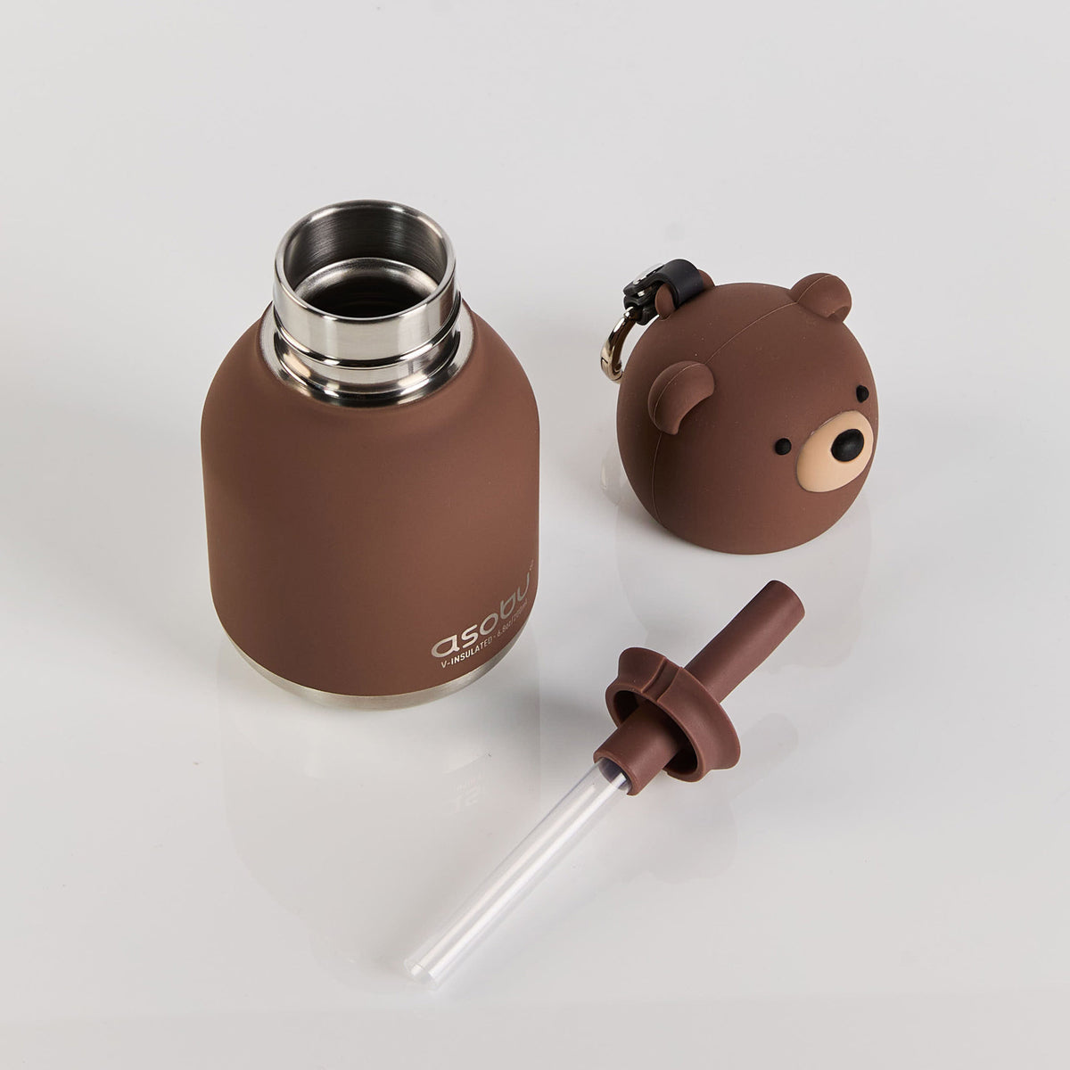 Brown, BPA-free Asobu Mini Bestie Bottle with a bear-shaped cap and a straw.
