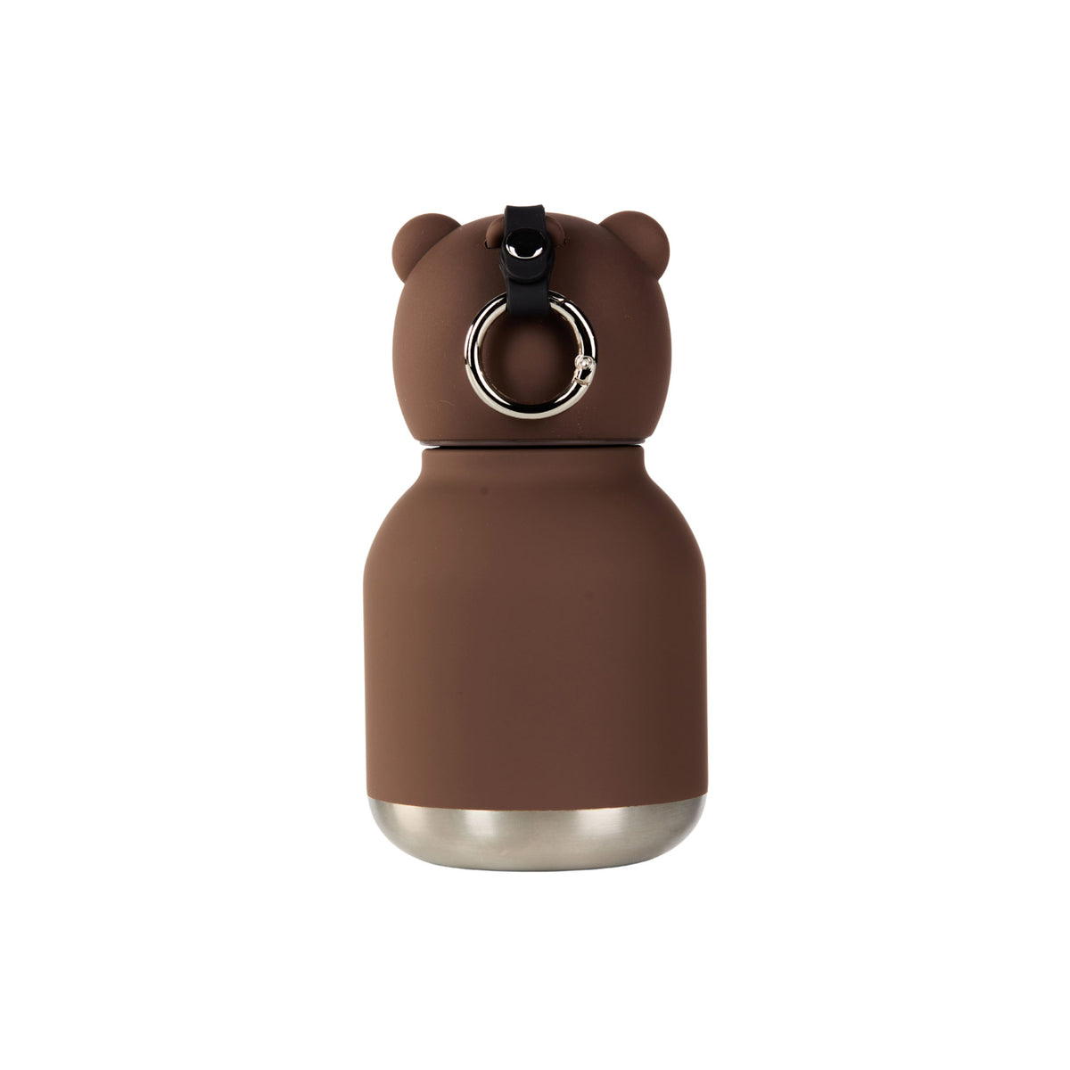 Brown Asobu Mini Bestie Bottle with bear-shaped ears and a silver metal ring attached to the cap.