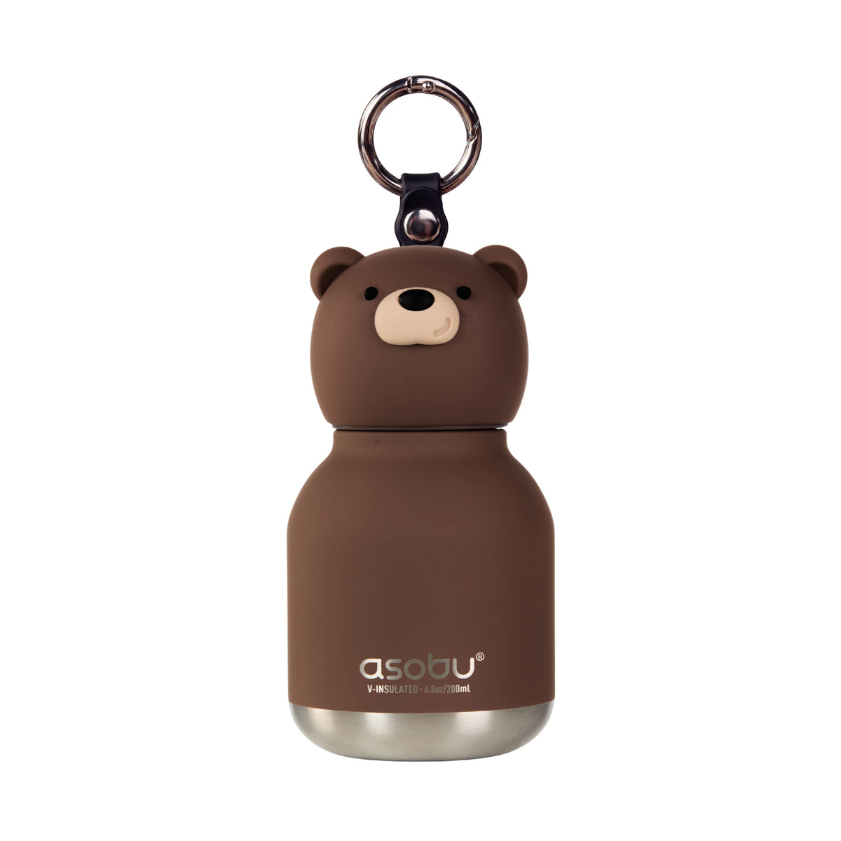 Asobu Mini Bestie Bottle: a small, brown, bear-shaped mini water bottle with vacuum insulation and a metal keyring.