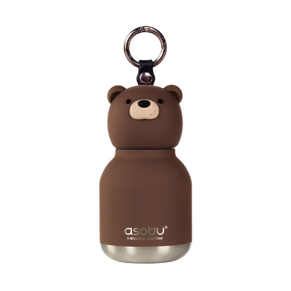 Asobu Mini Bestie Bottle: a small, brown, bear-shaped mini water bottle with vacuum insulation and a metal keyring.