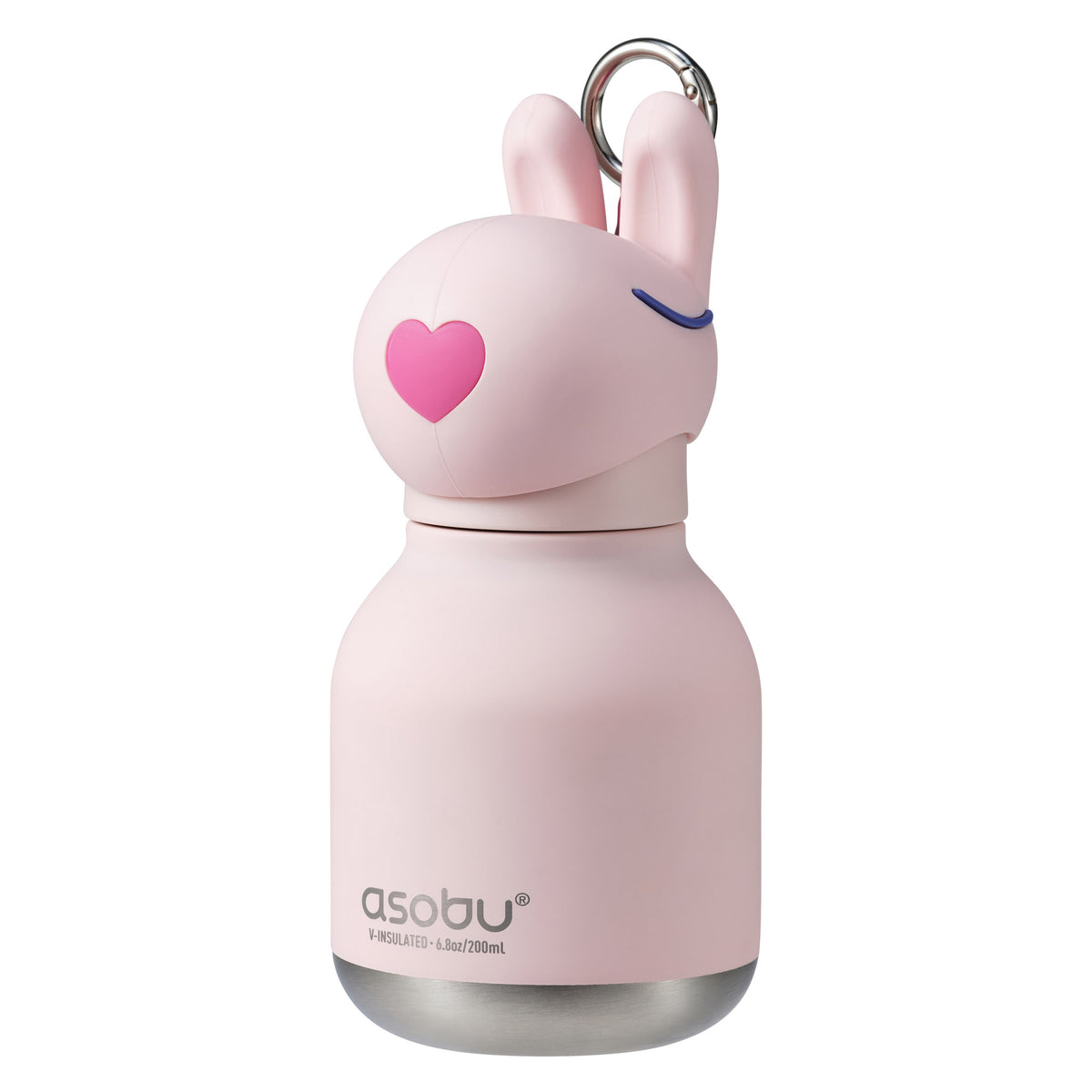 Asobu Mini Bestie Bottle: a small, BPA-free pink rabbit-shaped water bottle with a heart nose and metal head clip.