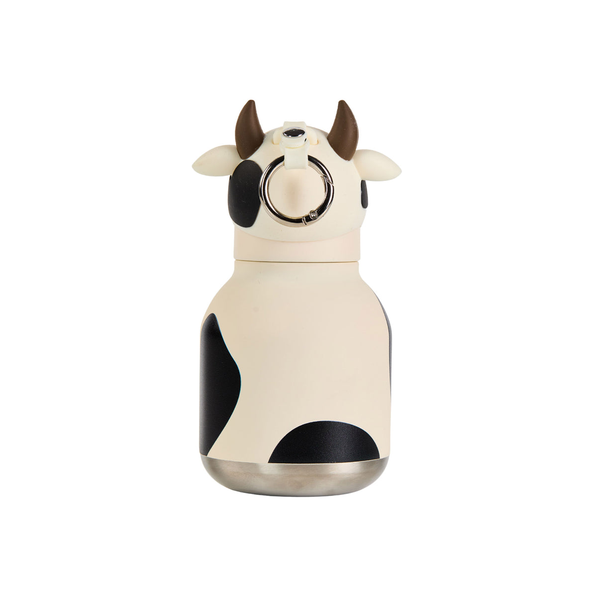 Asobu Mini Bestie Bottle designed like a cow with horns, ears, and a silver ring on the lid.
