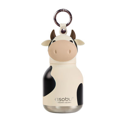 Small, BPA-free, cow-shaped Asobu Mini Bestie Bottle with a keychain loop on the cap.