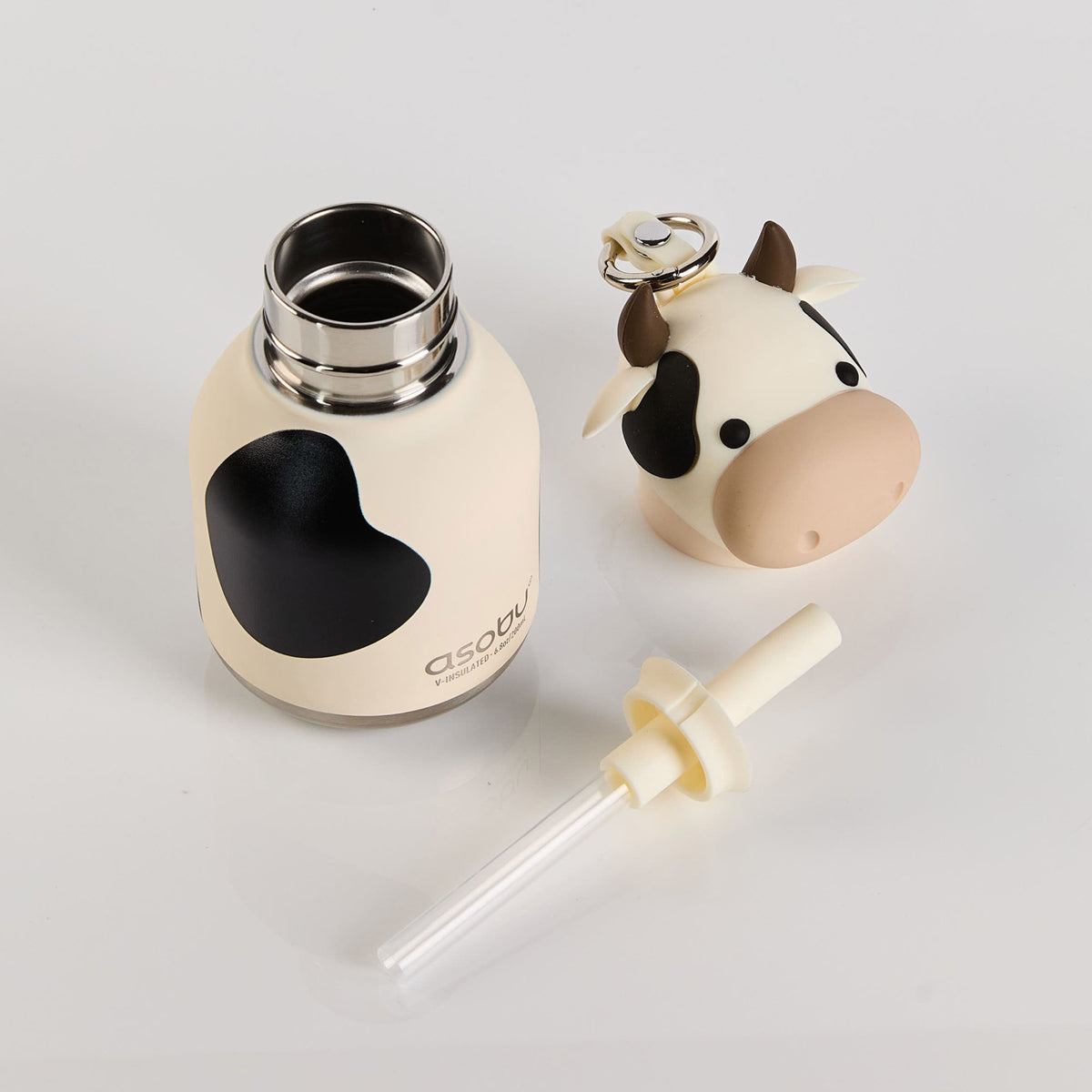 Asobu Mini Bestie Bottle: a cow-themed, BPA-free water bottle with a detachable cow-shaped lid and a straw.