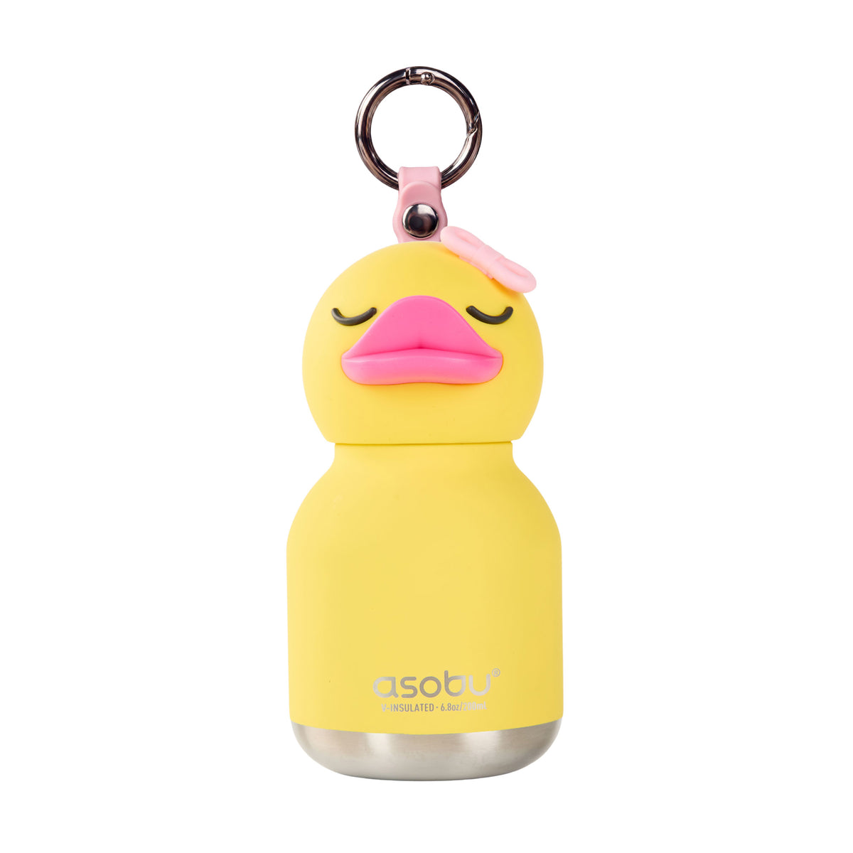 Asobu Mini Bestie Bottle: a yellow duck-shaped BPA-free water bottle with a pink bow and metal keyring.